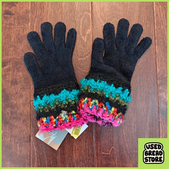 NWT Womens Steve Madden Black Knit Gloves Fuzzy Chenille One Size Colorful Boho - Picture 2 of 3